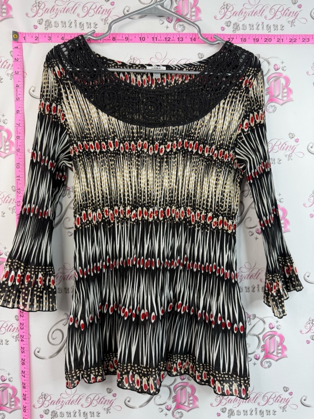 NICOLA shirt top Black Cream and Red Printed Crochet-Yoke Womens Top